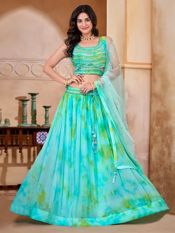 Aqua printed lehenga choli with dupatta