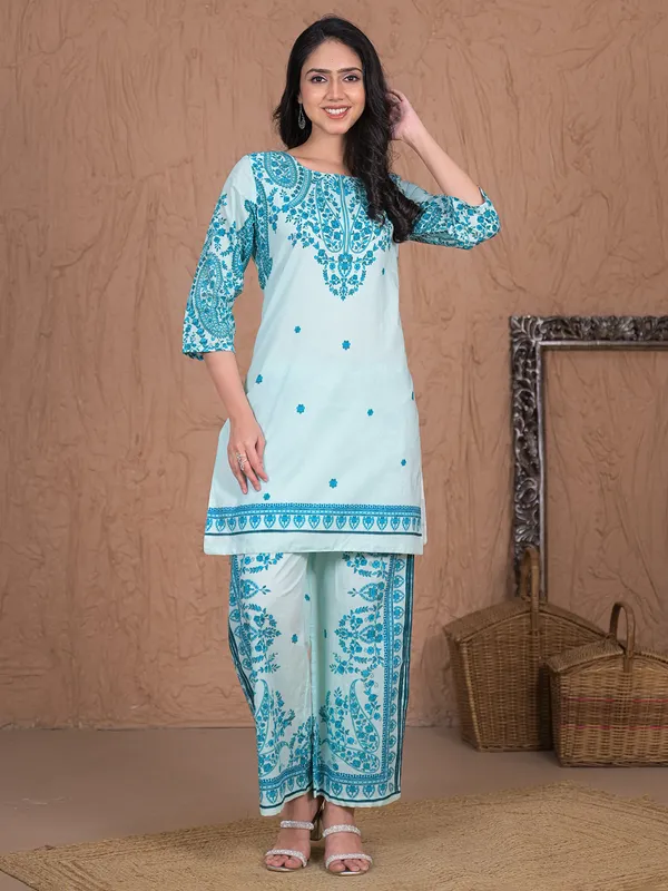 Aqua printed palazzo kurti set for women in cotton