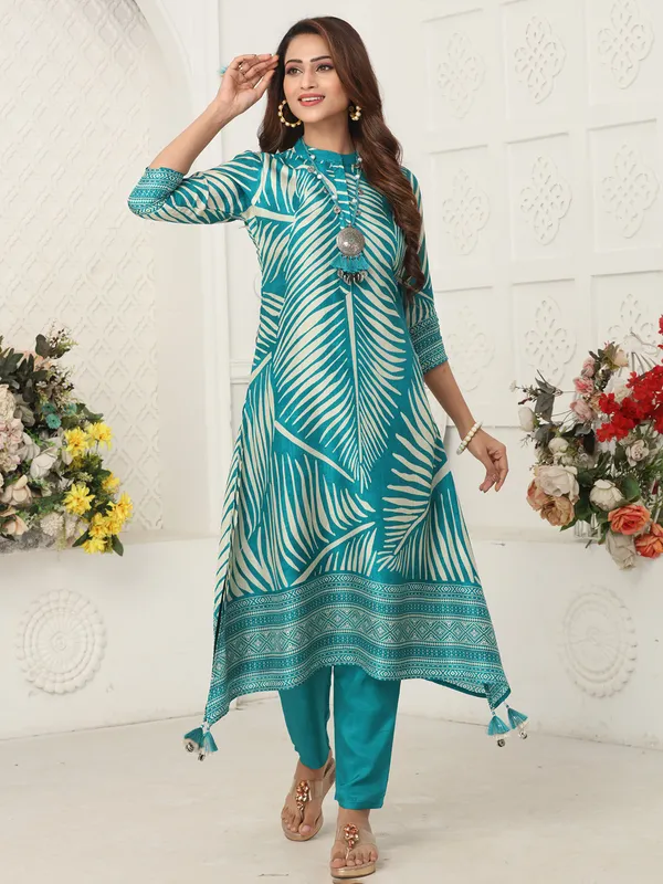 Aqua printed russian silk kurti set for festival