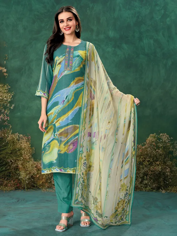 Aqua printed salwar suit in linen