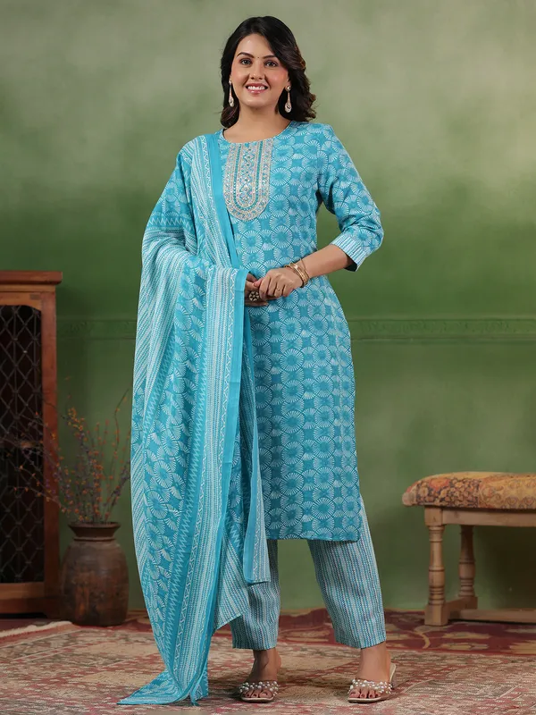 Aqua printed silk kurti set for women