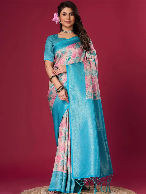 Aqua printed silk saree