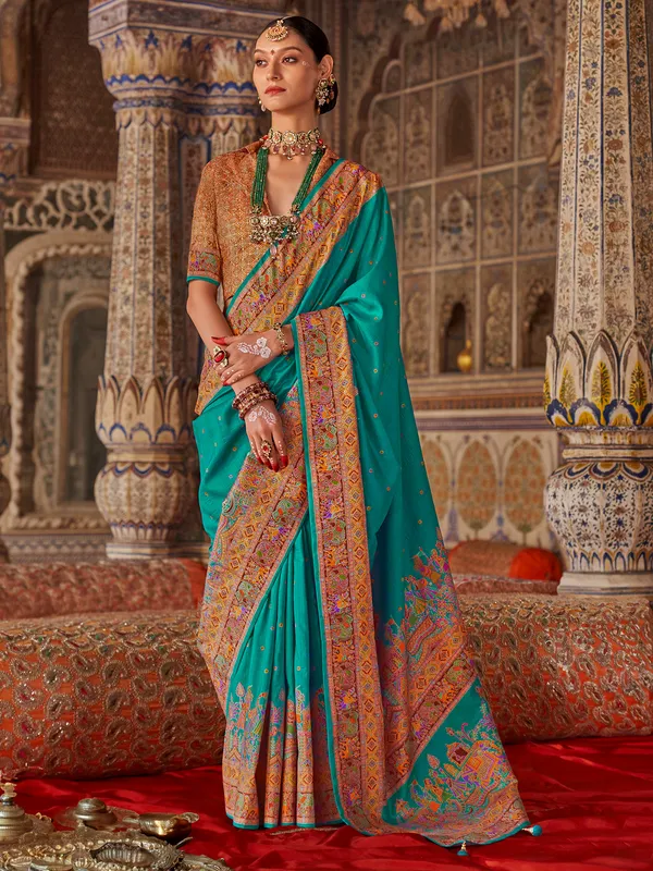 Aqua printed silk saree for festival