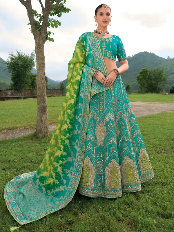 Aqua printed silk wedding style lehenga choli