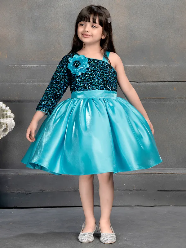 Aqua satin silk frock with shimmering sequins