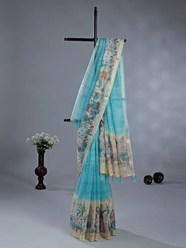 Aqua semi cotton saree with zari weaving