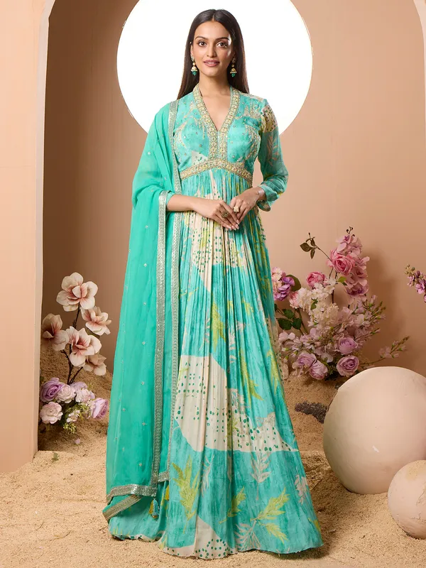 Aqua shade anarkali style salwar suit for women