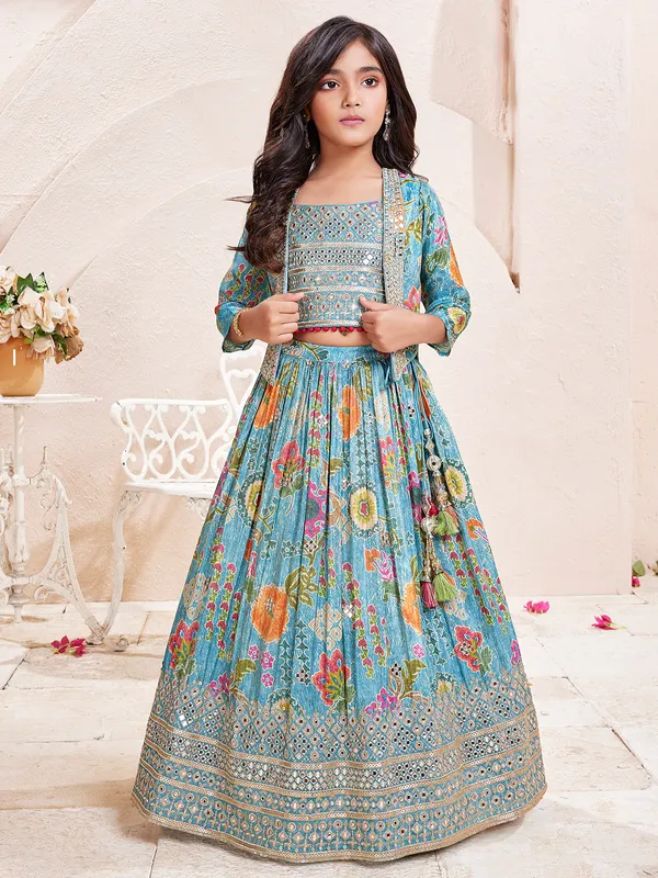 Aqua silk lehenga choli with  print