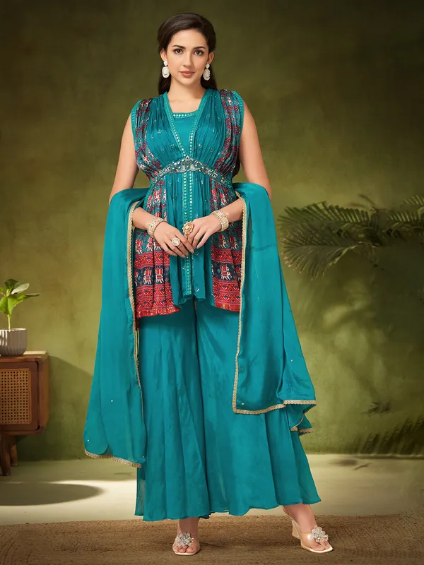 Aqua silk palazzo suit for women