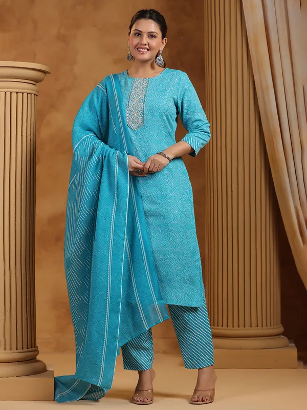 Aqua silk printed kurti set for women