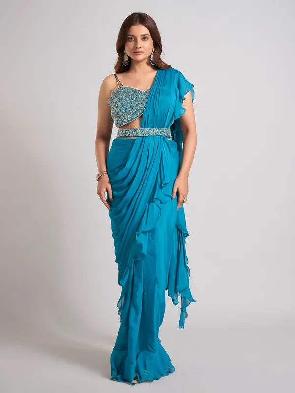 Aqua silk ready to wear saree for party wear