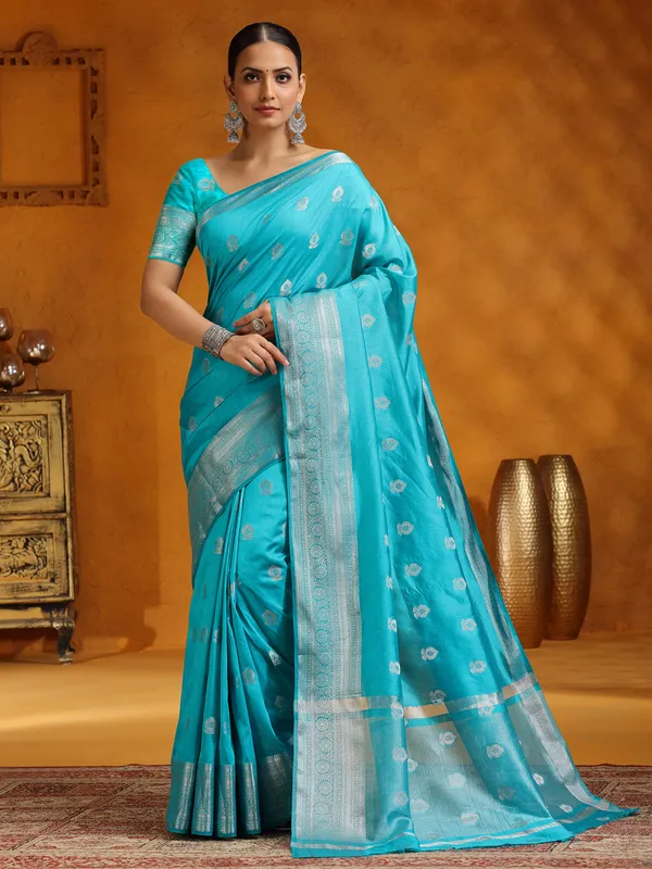 Aqua silk saree for festivals
