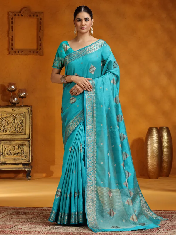 Aqua silk saree for festive wear