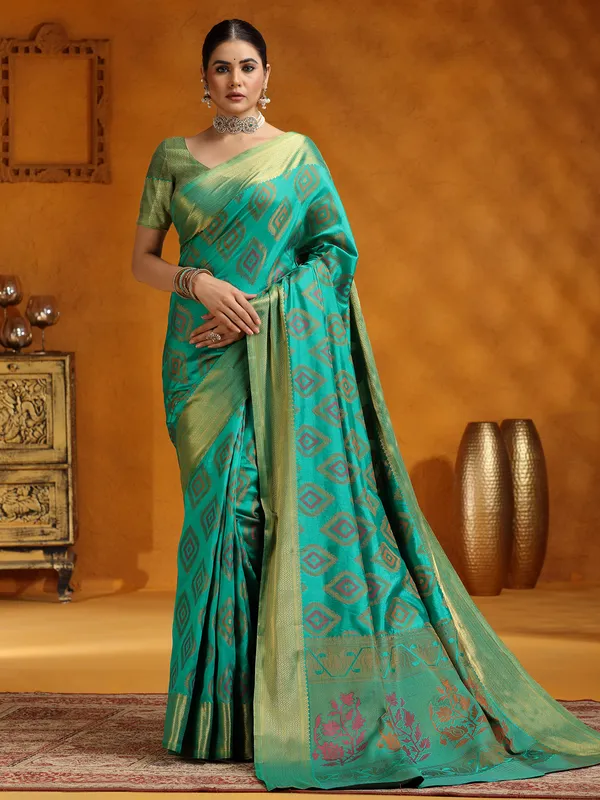 Aqua silk saree with zari embellishment