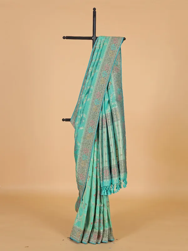 Aqua silk saree with zari work