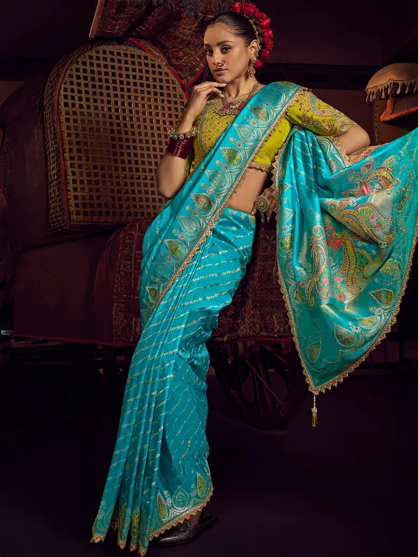 Aqua silk saree with zari work for women