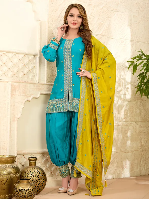 Aqua silk wedding wear dhoti suit