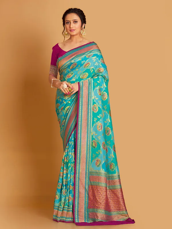 Aqua silk zari weaving saree for wedding