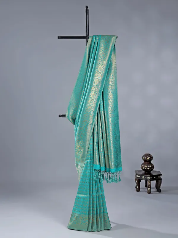 Aqua silk zari worked saree for wedding wear