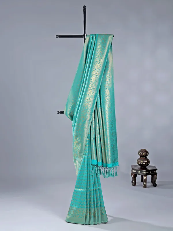 Aqua silk zari worked saree for wedding wear