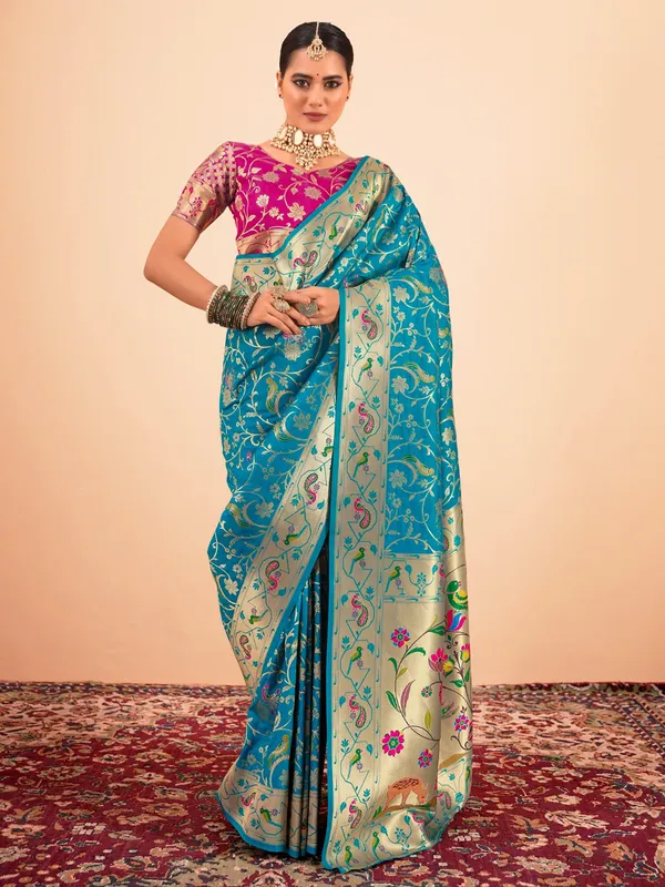 Aqua wedding wear paithani silk saree