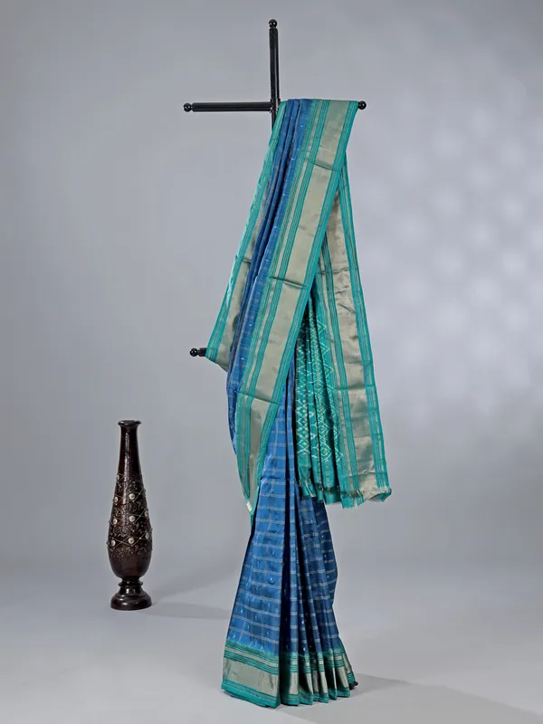 Aqua zari weaving patola silk saree with printed patterns