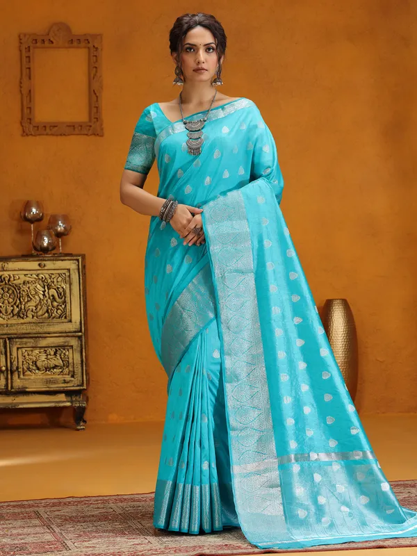Aqua zari weaving silk saree for wedding