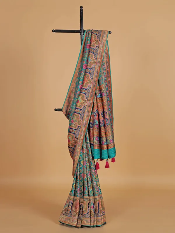 Aqua zari weaving wedding style silk saree