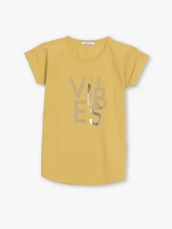 ASTRON printed mustard yellow cotton t-shirt