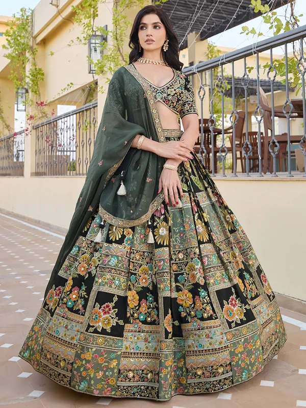 Attractive black silk wedding lehenga choli