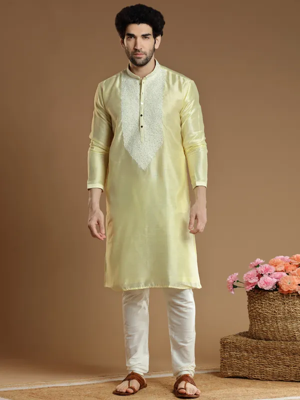 Attractive lime yellow silk  Men Kurta pajama for festivals