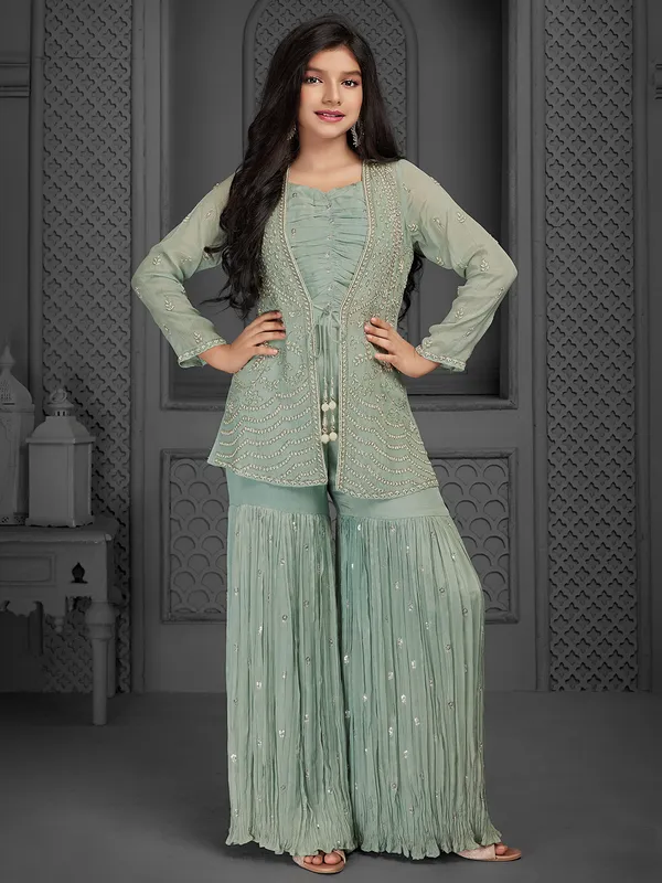 Attractive mint green chiffon sharara suit