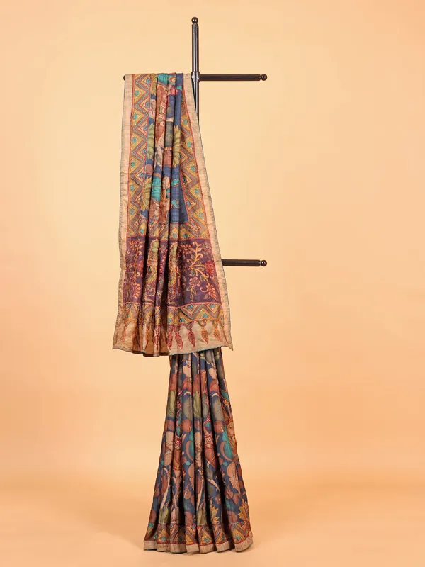 Attractive navy blue printed cotton saree