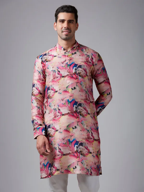 Attractive printed pink silk kurta suit