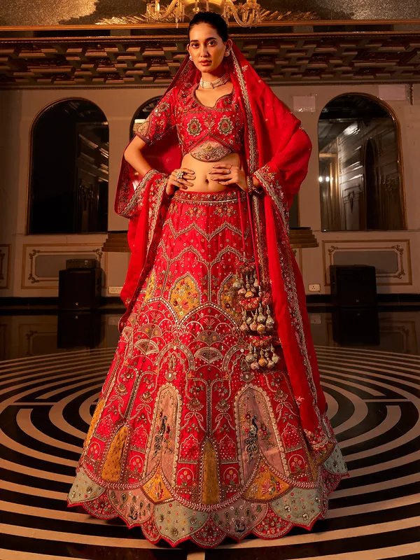 Attractive red raw silk lehenga choli with dupatta