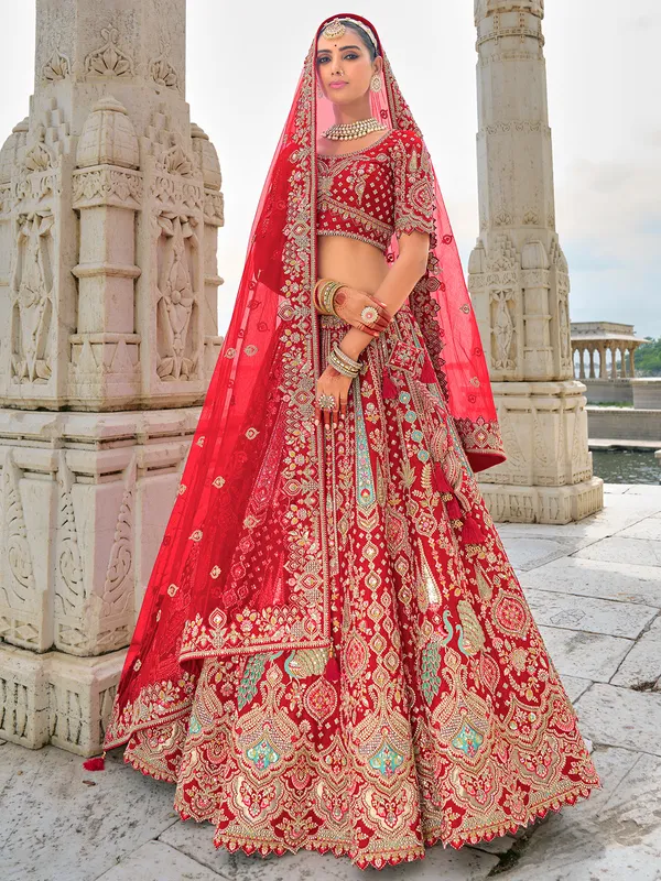 Attractive red unstitched lehenga choli in silk