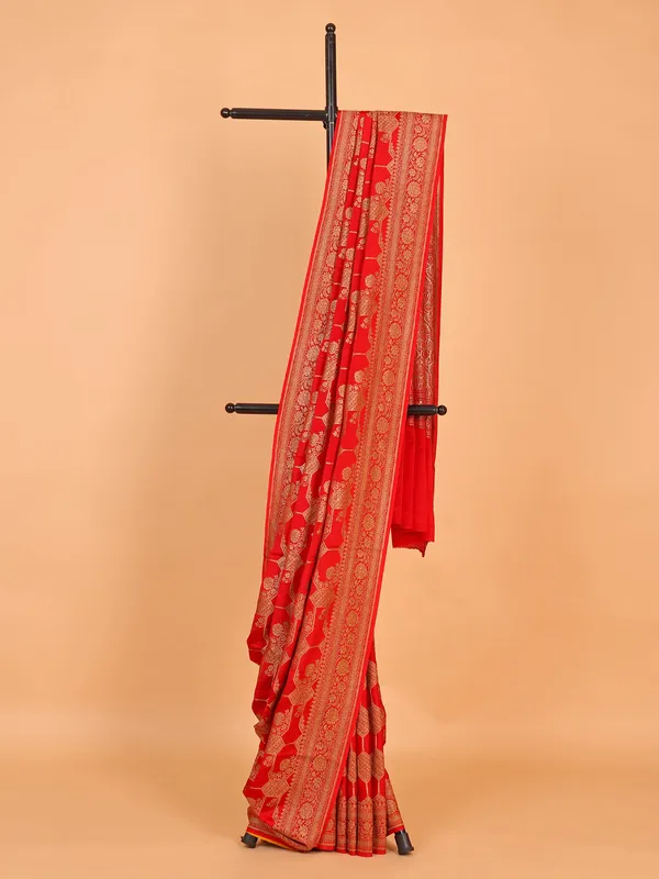 Attractive sikl red saree with zari work