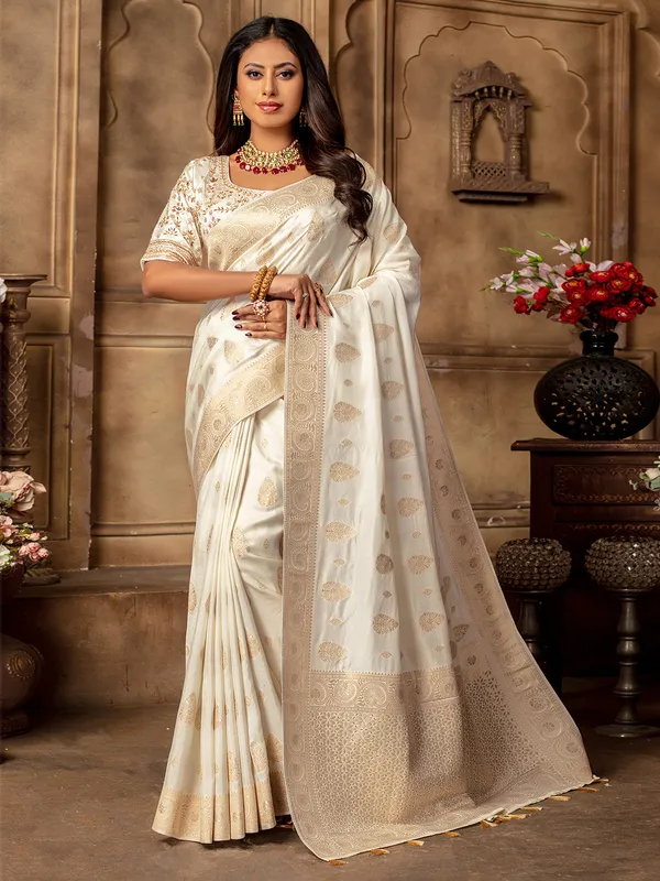 Attractive white dola silk saree