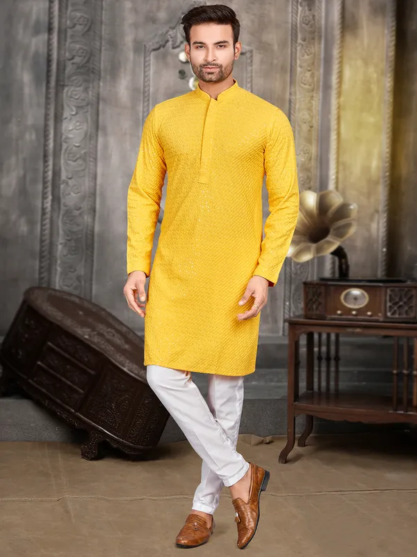 Attractive yellow cotton  Men Kurta pajama