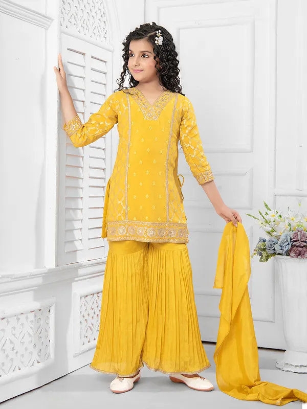 Attractive yellow silk sharara suit