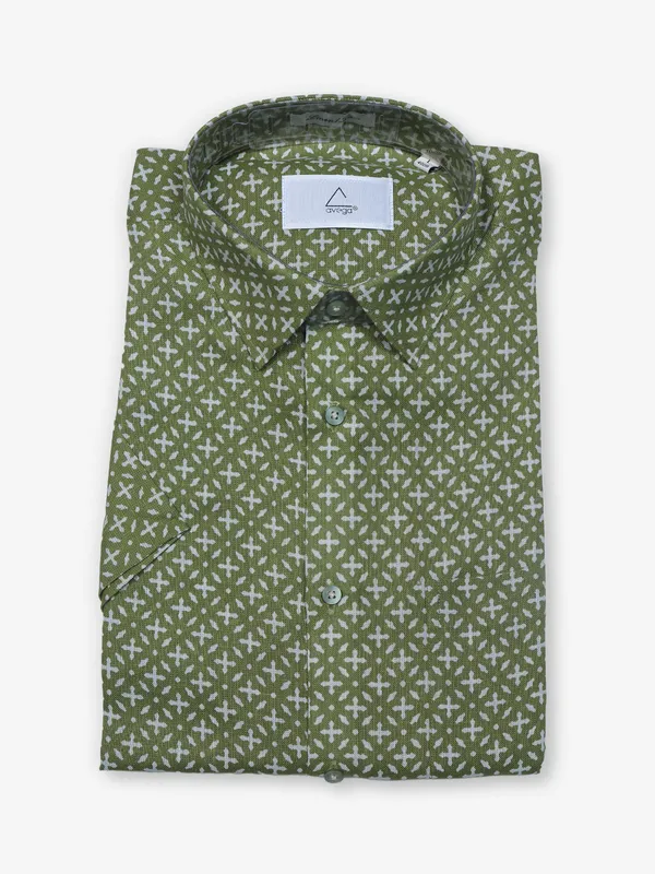 AVEGA green printed linen half sleeves shirt