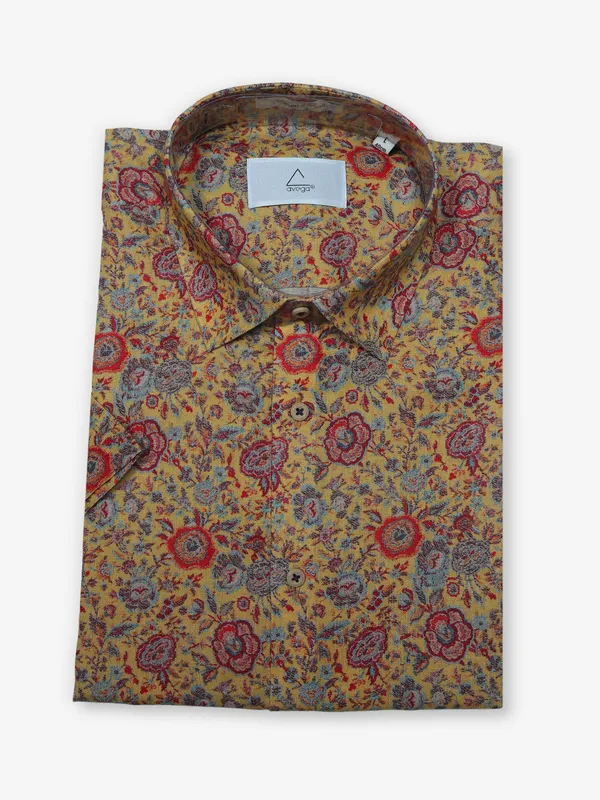 AVEGA mustard yellow printed linen shirt
