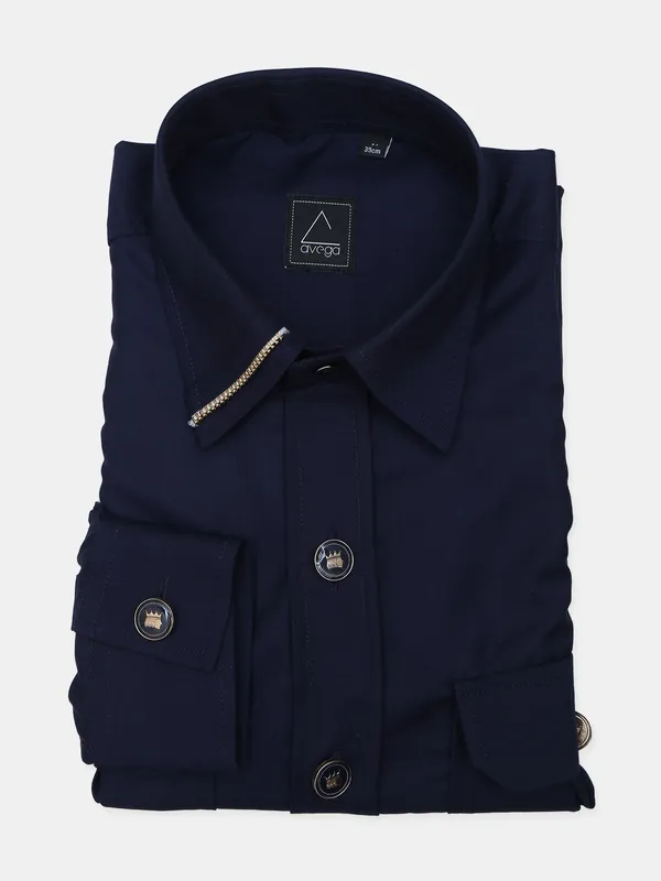 Avega navy solid pattern cotton shirt