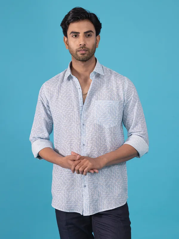 AVEGA printed sky blue linen shirt