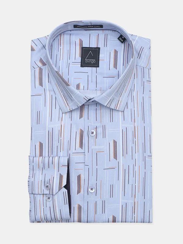 Avega printed sky blue slim fit cotton shirt