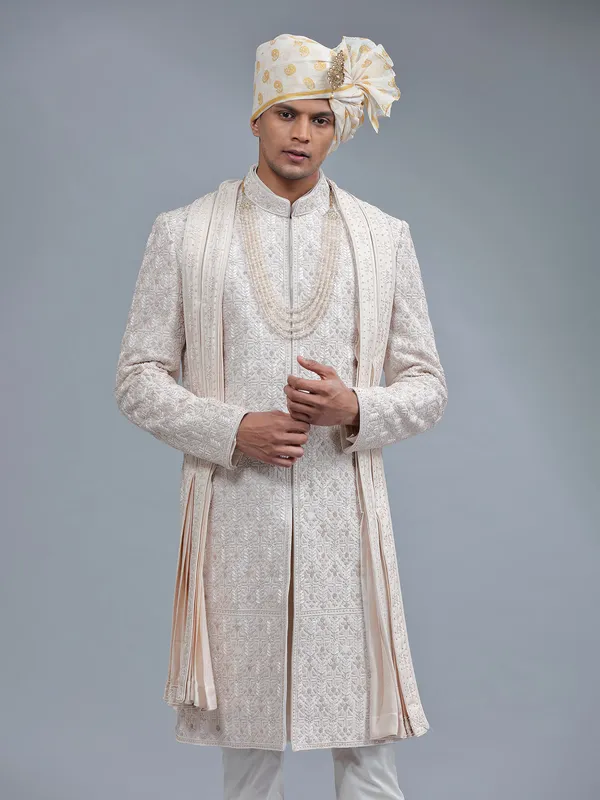 Awesome light peach raw silk sherwani for groom