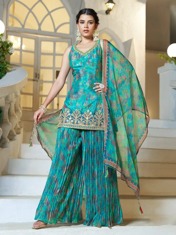 Awesome rama blue printed georgette palazzo suit