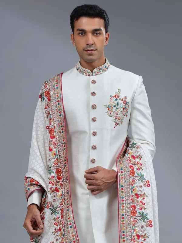 Awesome white silk sherwani for wedding