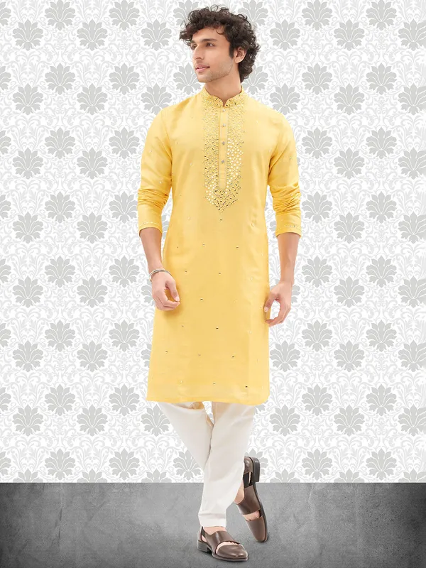 Awesome yellow cotton silk kurta set for men