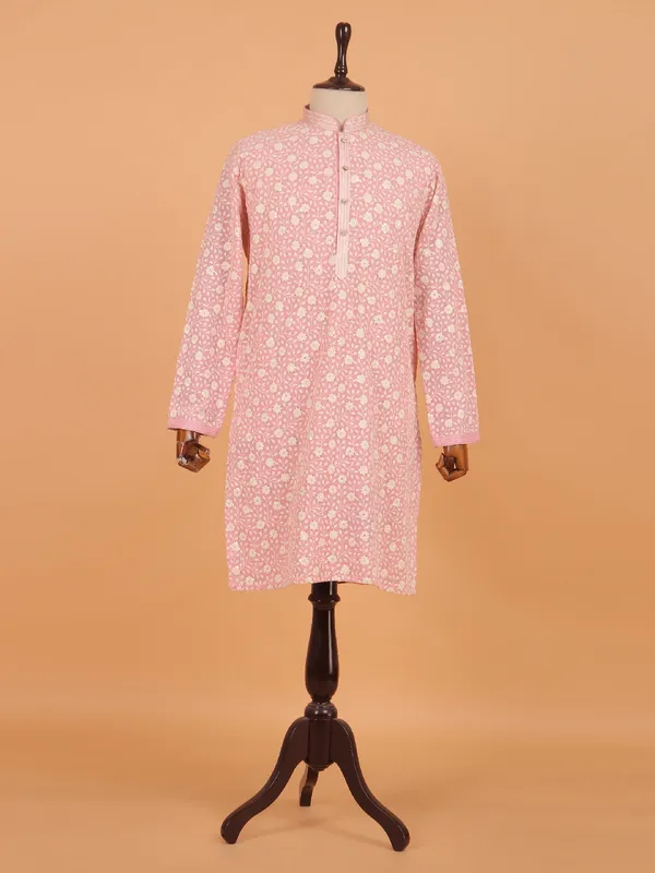 Baby pink embroided cotton kurta set for men